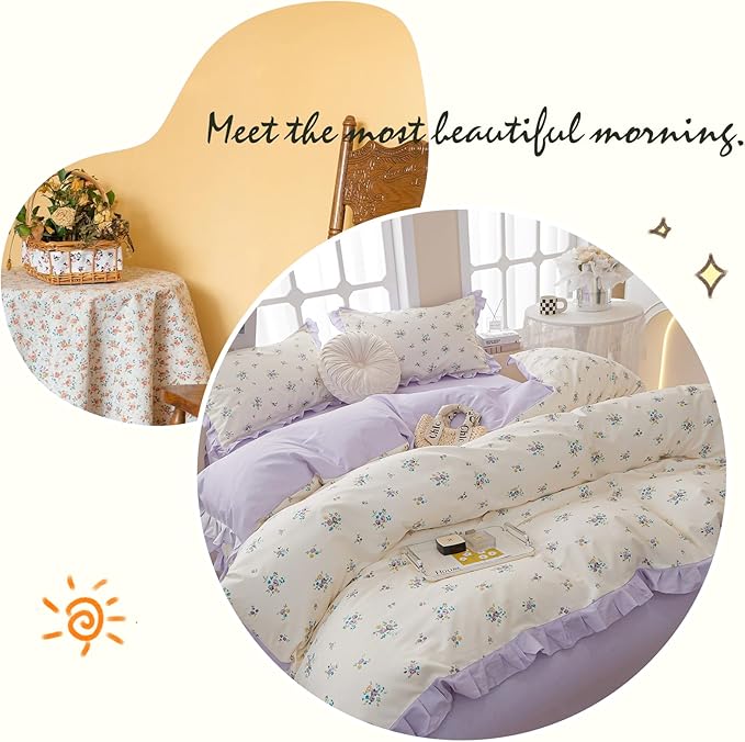 Lace Floral Duvet Cover Twin Cotton Purple Flower 3 Pieces Girls Comforter Cover Garden Style Princess Bedding Set Boho Botanical With Zipper Closure