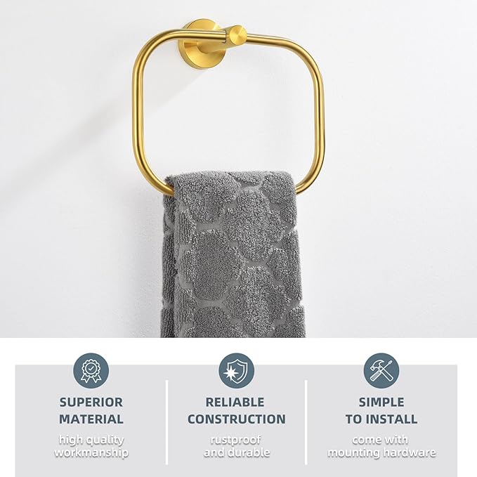 Angle Simple Square Towel Ring Brassy Gold, SUS 304 Stainless Steel Swivel Hand Towel Holder for Bathroom, Wall Mount, 7.87 Inches