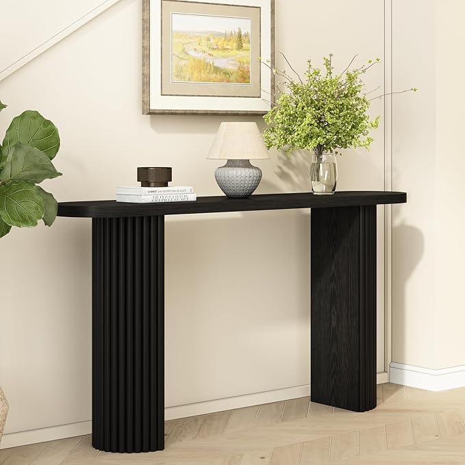 55" Fluted Console Table with Solid Wood Legs, Long Farmhouse Entryway Table with Rounded Corners, Morden Sofa Tables Behind Couch for Foyer, Entrance, Living Room, Hallway, Black