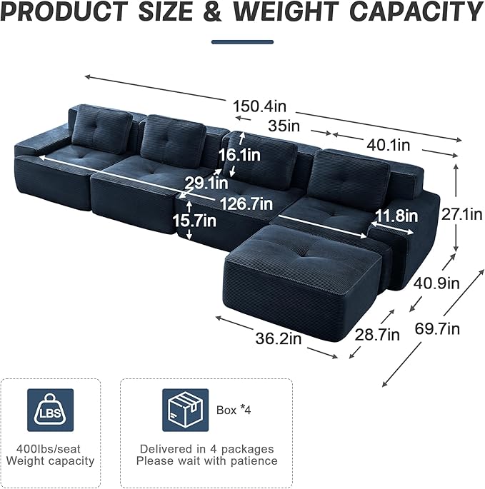 150" Modern Compressed Boneless Couch with Ottoman, 4 Seater Large L Shaped Sectional Couches for Living Room, Blue Corduroy Cloud Modular Sectional Sofa, Memory Foam, Extra Deep, No Assembly