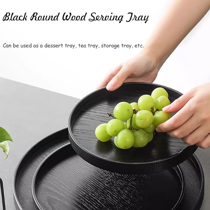 Round Wood Serving Tray, Solid Wooden Decorative Tray Non-Slip Tea Coffee Table Tray Snack Plate Food Meals Serving Tray with Raised Edges for Home Decor Kitchen Restaurant(10.6inch, Black)