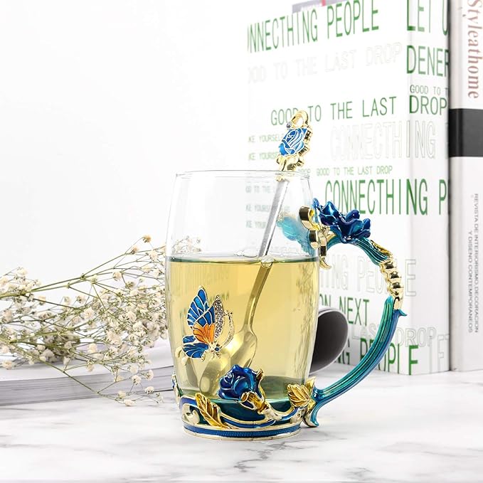 330ML Enamel Tea Cup Glass Coffee Mug Handmade Rose Flower Tea Mug for Father's Day,Mother's Day,Valentine’s Day, Birthday, Christmas Gift with Stainless Steel Spoon Set