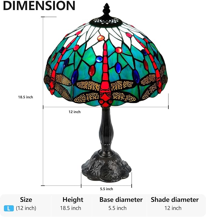 Majestic 12 Inch Dragonfly Tiffany Style Table Lamp,Handcrafted Stained Glass Lamps for Living Room, Dining Room Decor,Large Artisan Tiffany Lamps with LED Bulb.