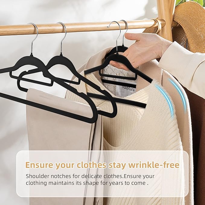 Velvet Non-Slip Black Hangers - Space-Saving Heavy-Duty Suit Hangers with 360° Swivel Hook - 20 Pack