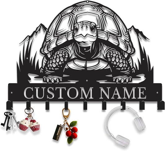 Custom Tortoise Metal Key Holder for Wall, Personalized Family Name Metal Sign with Hooks, Entryway Coat Rack and Organizer for Keys, Leashes, Hats (Style-3)