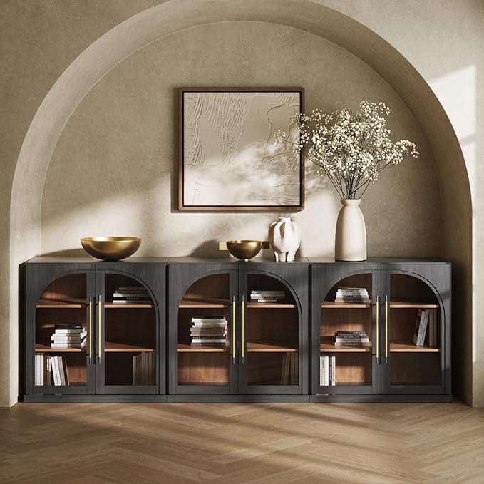 BELLEZE Set of 3 Modular Sideboard with Arched Glass Door, Accent Display Buffet Cabinet with Storage and Adjustable Shelves,Classic Modern Credenza for Dining Room Living Room Entryway (Ebony)