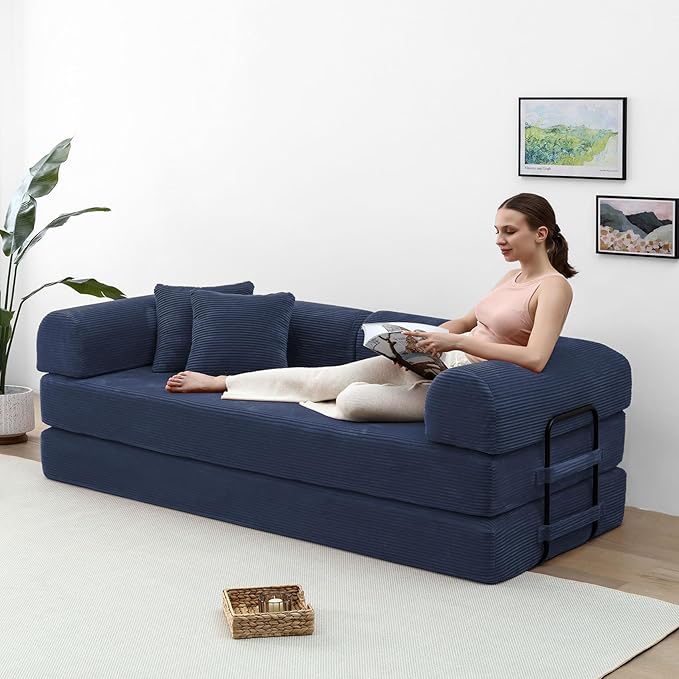 Compression Sofa - 79'' Convertible Sofa Bed, Boneless Couch in a Box, Modular Corduroy Foldable Sleeper Sofa with 2 Pillows, Loveseat Couches for Living Room (Corduroy Fabric, Blue)