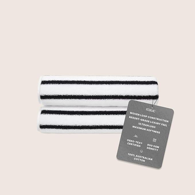 Italic Ultraplush 100% Australian Cotton Hand Towels - Set of 2 Luxury Hand Towels, Ultra Plush and Highly Absorbent 800GSM Resort Grade, Striped (White and Blue)