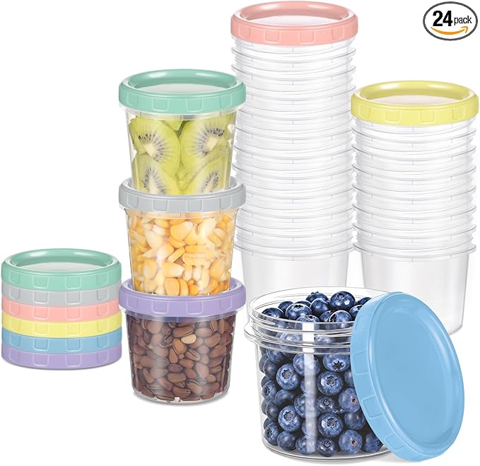 24pcs 10 oz Plastic Containers with Screw Lids, Reusable Clear Food Storage Containers with Pen and Brush for Snack Salad Fruit, Leakproof Small Freezer Container, Microwave & Dishwasher Safe