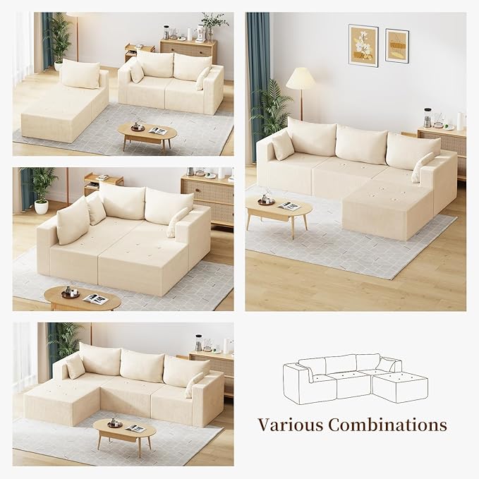 Cloud Boneless Sectional Sofa, Modular Sofa with Deep Seat, Modern Upholstered Couch with Chaise Lounge, Fluffy Comfy L-Shape Sectional Couch for Living Room, Black