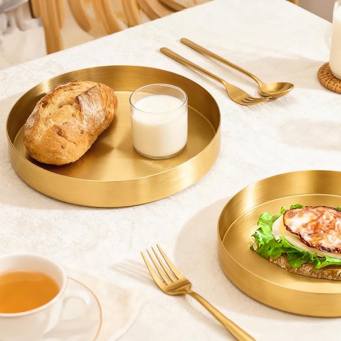 2 Pcs 7 Inch Round Gold Tray, Stainless Steel Metal Decorative Tray Vanity Trays Makeup Organizer, Coffee Table Trays for Jewelry Perfume Candle Kitchen Tableware