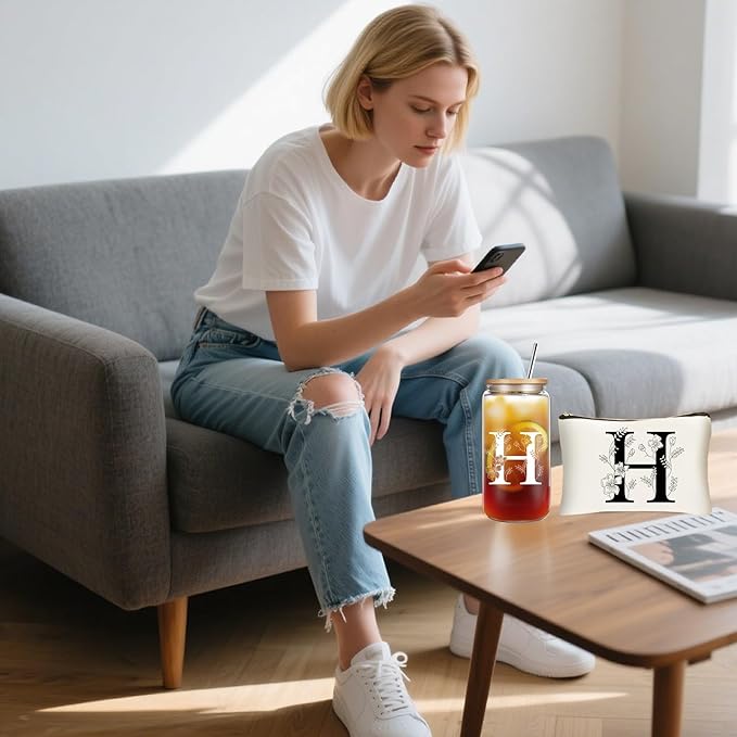 Unique Initial Glass Cup with Lids and Straws, Monogrammed Gifts Box Included Makeup Bag, Christmas Birthday Gifts for Women Mom Sister Grandma, H