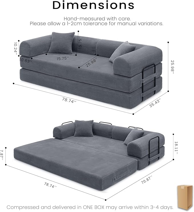 Compression Sofa - 79'' Convertible Sofa Bed, Boneless Couch in a Box, Modular Corduroy Foldable Sleeper Sofa with 2 Pillows, Loveseat Couches for Living Room (Corduroy Fabric, Dark Grey)