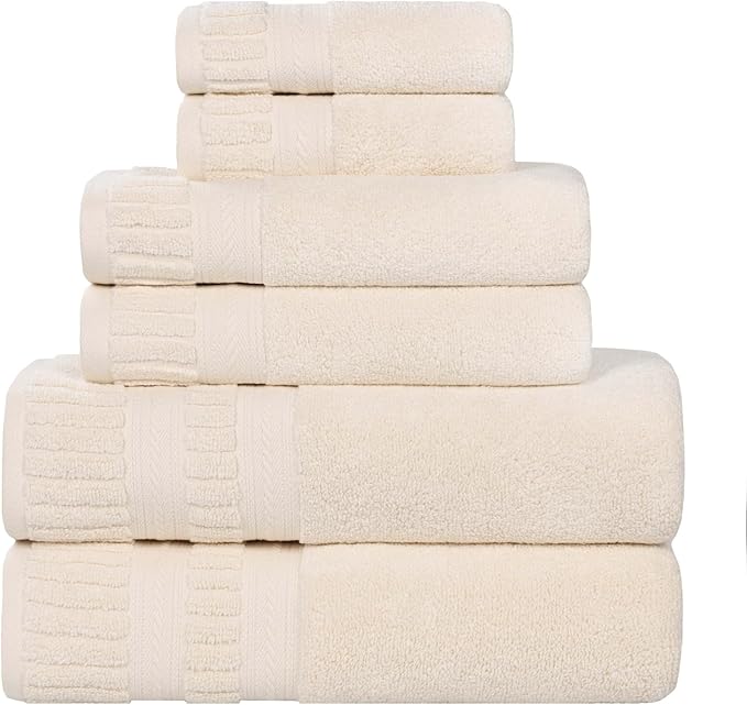 Superior Venice Zero Twist Cotton Medium Weight Towels, for Guest Bath, Bathroom, Shower, Spa, Plush Towels, Bath Essentials, Ribbed Textured Border, 6 Piece Assorted Towel Set, Ivory