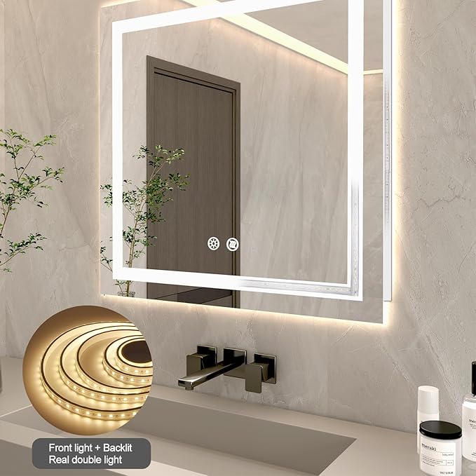 24 X 24 Inch Square LED Bathroom Vanity Mirror, 3 Colors Light Dimmable, Wall Mounted Memory Lighted Makeup Mirror with Anti-Fog Touch Switch (Front-lit&Backlit)