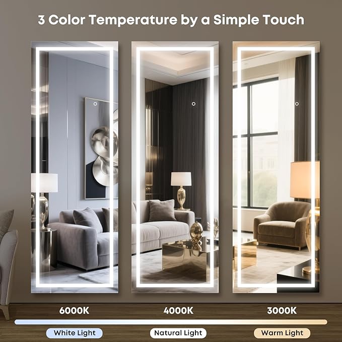 Kosmonia 56"x18" Full Length LED Mirror with Lights, Dimmable Standing/Wall Mirror for Bedroom, Full Body Lighted Floor Mirror, Tempered Glass