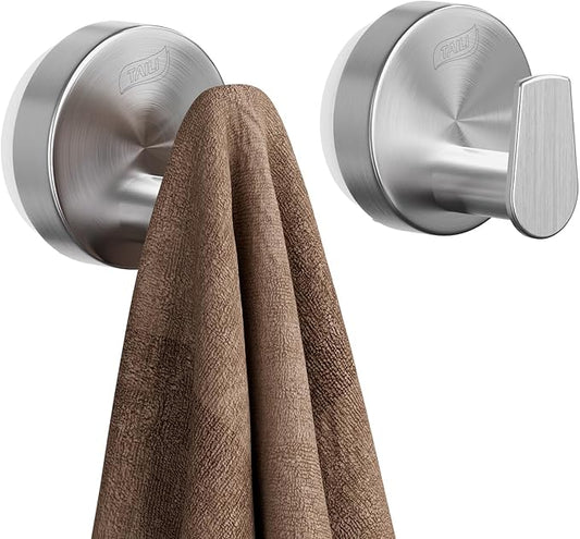 TAILI Stylish 304 Stainless Steel Bathroom Suction Hooks for Towel, Bathrobe, Loofah, No Damage Hanging Glass Shower Wall Hook, Patented Strong Suction Cup Holder, Hold Up to 11 Lbs, A-Cylinder Silver