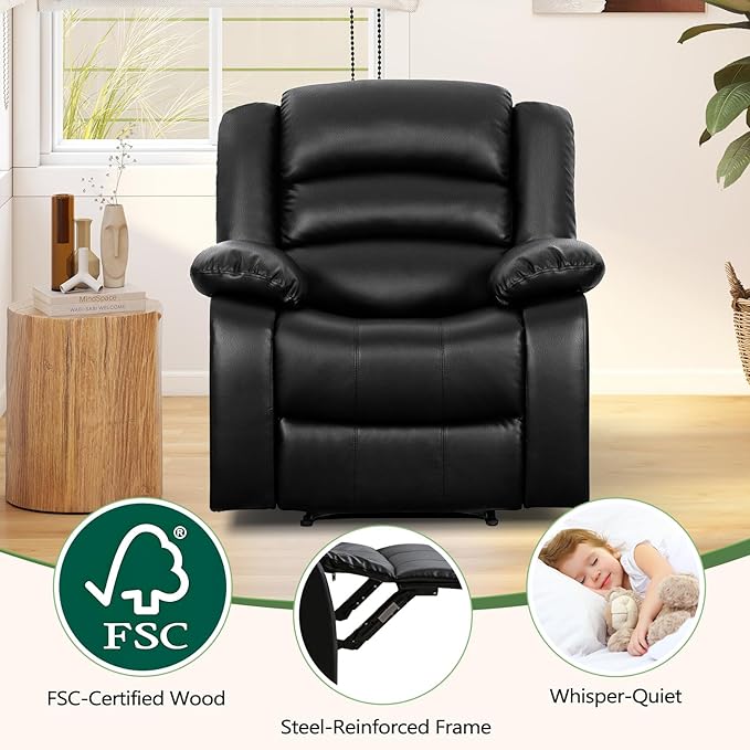 ANJ Black Recliner Chair with Overstuffed Arm and Back, Breathable Faux Leather Manual Reclining Chairs, Living Room Single Sofa Recliners