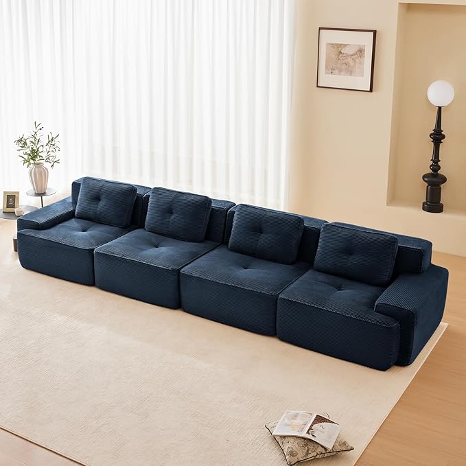 150" Modern Corduroy Cloud Sofa, Boneless Modular Large Sectional Couches for Living Room, Blue 4 Seater Compressed Memory Foam Couch, Extra Deep Seat, No Assembly