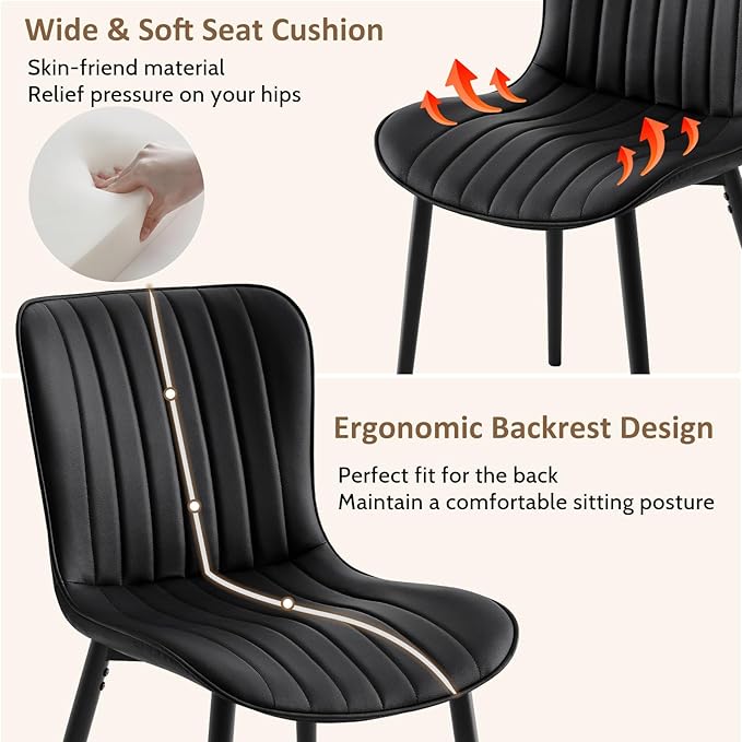 Modern Dining Chairs Set of 6, Heavy Duty Upholstered Side Chairs with Faux Leather, Comfortable Cushions & Durable Metal Legs with Adjustable Feet, Perfect for Kitchen, Dining Room (Black)