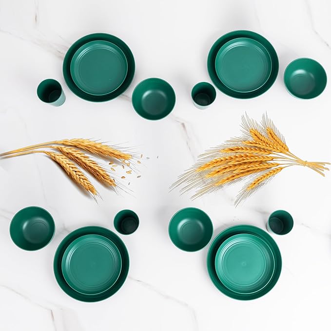 LIYH 24 Pcs Plastic Wheat Straw Dinnerware Set of 6 Plates and Bowls Set Reusable Plates Camping Plates Cups and Bowls Unbreakable Dinnerware Set（Green）