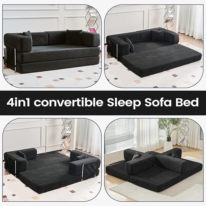 Folding Sofa Bed Convertable Corduroy Couch King Size Floor Sleeper 4-in-1 DIY Combination Modular Sofa Fold Out Futon Lounge Comfy Foldable Lazy cama for Living Room (Black, 80.15")