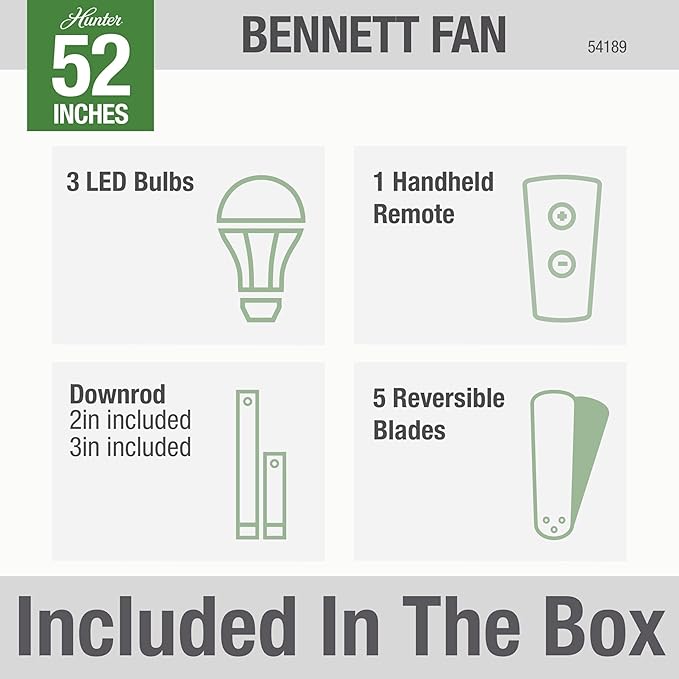 Hunter 52 inch Indoor Ceiling Fan with LED Lights and Remote Control - Black Ceiling Fan, Standard Mount, 5 Blades, For Bedroom, Living Room, or Kitchen, Quiet - Bennett 54189, Matte Black