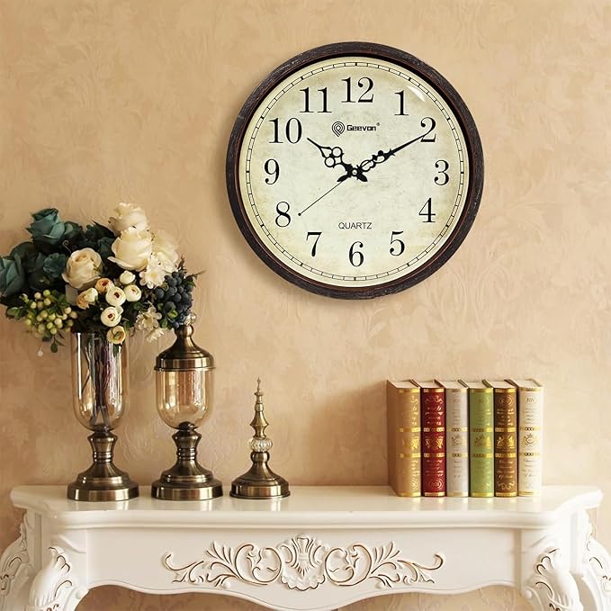 Geevon Vintage Wall Clock, Silent 16" Non Ticking Retro Round Clock Quartz Decorative Battery Operated Wall Clock for Kitchen,Office,Classroom,Bedroom,Living Room Decor