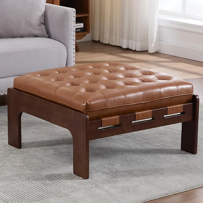 Kmax Coffee Table, 30 Inch Leather Ottoman Coffee Table Square Upholstered Dark Wood Center Table Tufted Tea Table, Oversized Footrest Stool for Living Room - PU, Brown