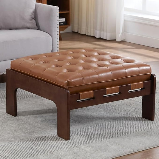 Kmax Coffee Table, 30 Inch Leather Ottoman Coffee Table Square Upholstered Dark Wood Center Table Tufted Tea Table, Oversized Footrest Stool for Living Room - PU, Brown