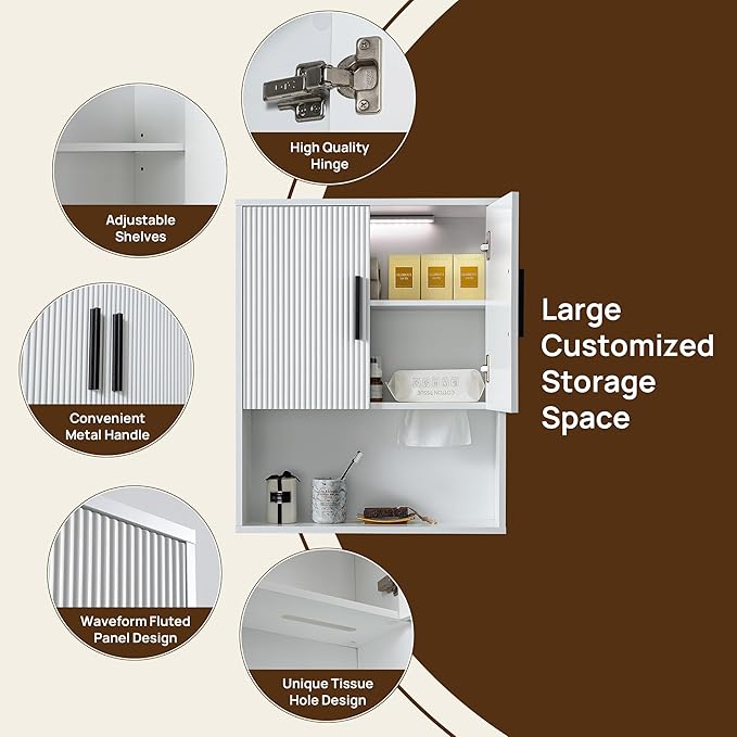 Fluted Bathroom Wall Cabinet with DIY LED Light, Wooden Medicine Cabinet with Tissue Hole, Monuted Wall Cabinet with DTC Hinge (Silent Buffering), Over Toilet Storage Cabinet- Modern White