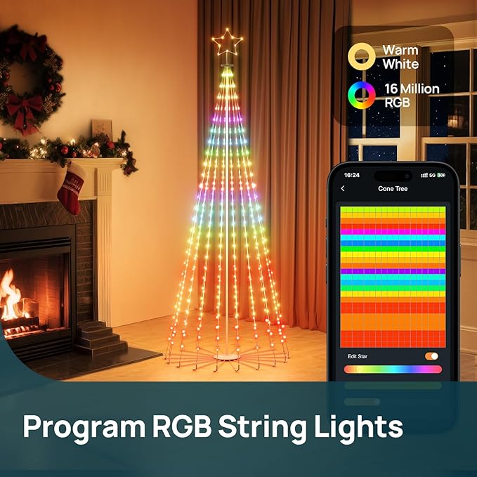 Linkind Christmas Cone Tree Lights, 7ft 460 LEDs Christmas Tree Lights, 85+ Scene Modes, App-Controlled, IP65 Waterproof Outdoor Indoor String Lights for Xmas Decorations, Music Sync, Holiday Decor
