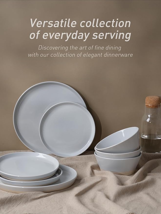 Famiware Saturn Dinnerware Set with Pasta Bowl, 16 Pieces Dish Set, Plates and Double Bowls Sets for 4, Chip and Scratch Resistant, Microwave and Dishwasher Safe Tableware, Light Gray