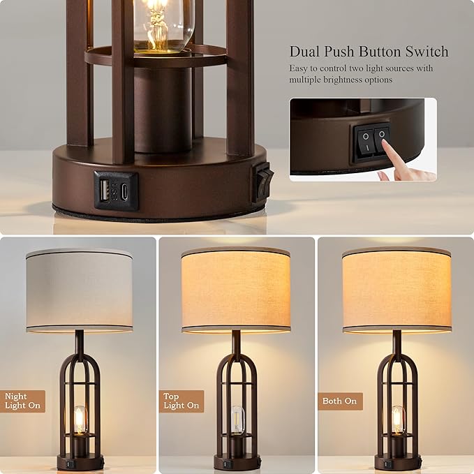 Farmhouse Table Lamps for Living Room Bedroom Set of 2 - Rustic Industrial Bedside Lamps for Night Stands with USB A+C, 24" Vintage Nightstand Lamp with Night Light, Bulbs Included