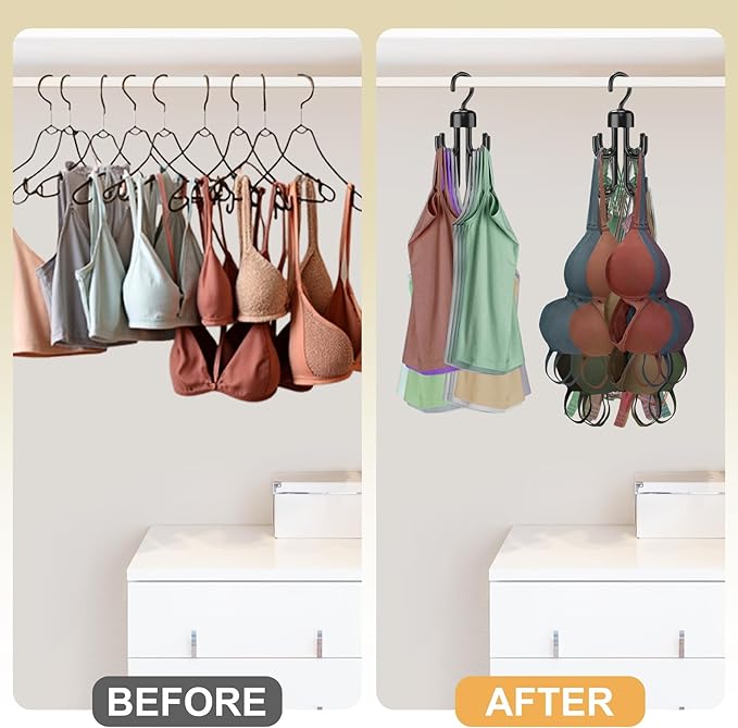 3Pcs Tank Top Hanger, Rotatable Bra Hangers for Closet Organizer, Max 72 Storage Capacity Belt Hanger, Plastic Space Saving Closet Organizers Apartment Dorm Essentials for Bra (1, Black)