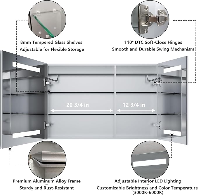 GroGro LED Lighted Bathroom Medicine Cabinet with Mirror, 36" W x 24" H Beveled Edge Medicine Cabinet with Lights,Surface or Recessed Mounting,Defog,Dimming,3-Color Temperature Adjustment