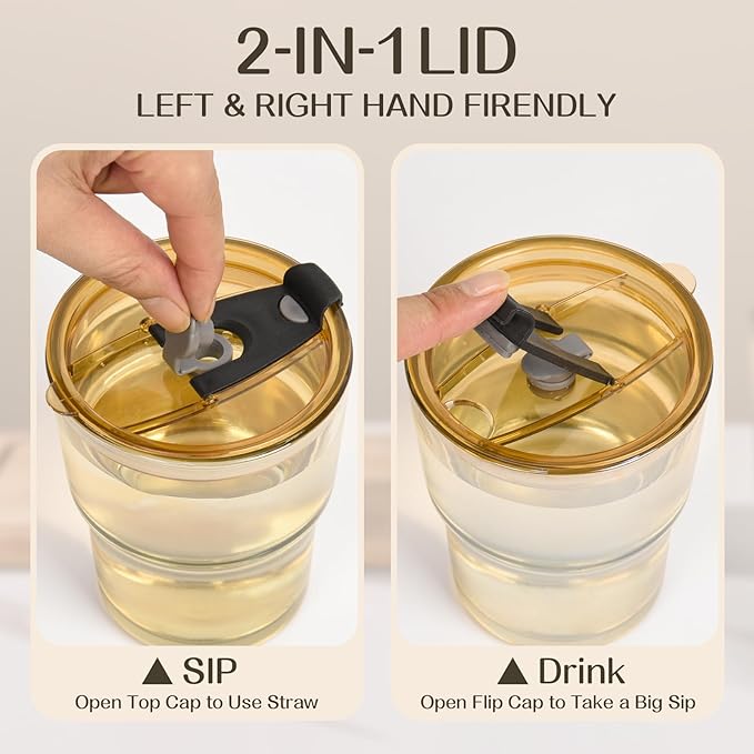 13oz Glass Cups with Straw and Lid,Tumbler Water Glass,2 Pack Reusable Iced Coffee Tumbler with Lids,Glass to go Coffee Cup for Drinking Matcha, Water, and Juice.(Amber