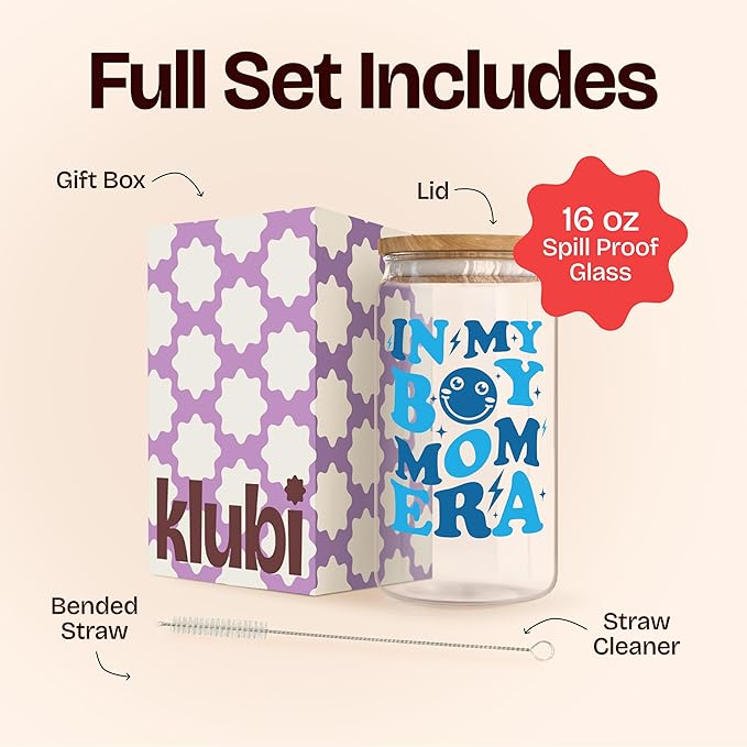 KLUBI Boy Mom Gifts for New Mother to Be - In My Boy Mom Era Cup 16oz Iced Coffee Glass with Lid and Straw - Baby Shower Mum Gifts for Women, Mama Coffee Mug for Expecting Mother Pregnancy Present