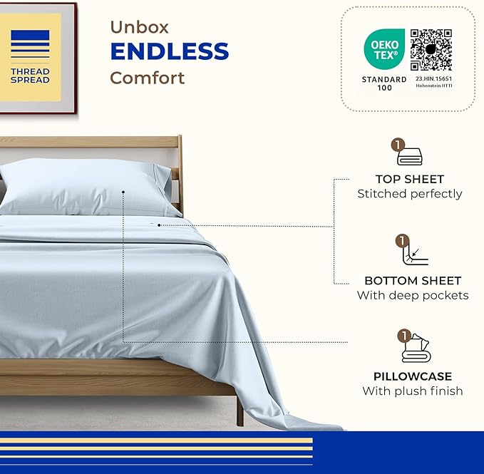 THREAD SPREAD 100% Pure Egyptian Cotton Sheets Twin XL Size - High Thread Count 3 PC Twin XL Sheet Sets Cotton, College Dorm Sheets Twin XL Set, 16" Deep Pocket Luxury Soft Cooling Sheet - Light Blue