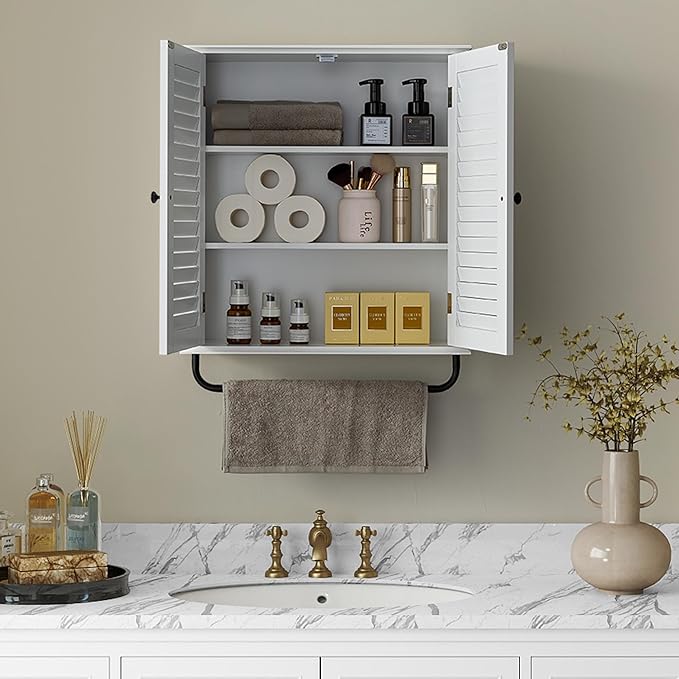Bathroom Storage Cabinet with Adjustable Wood Shelves & Doors, Made of PDF Wood, Wall Mounted with Towels Bar, Over The Toilet Storage Cabinet for Kitchen & Living Room & Laundry Room-White