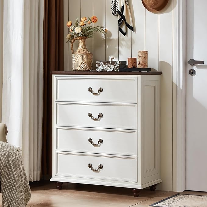 24" Wide Farmhouse Nightstand Set of 2, 37" Tall Rustic Chests of Drawers w/ 4 Solid Wood Feet, Farmhouse Furniture Series for Living Room,Bedroom,White