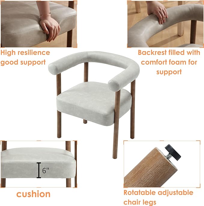 Mid-Century Modern Dining Chairs Set of 4, Armrest Barrel Dining Chairs Side Accent Chairs with Curved Back, Upholstered Wood Armchairs for Kitchen, PU Leather Grey