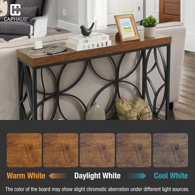 CAPHAUS 41” 2-Tier Industrial Sofa Console Thick Table w/Storage & Charging Station, Entrance Tableau w/ 2 Outlets, USB & Type-C Ports for Entryway, Living Room, Hallway, Foyer, Rustic, Butterfly