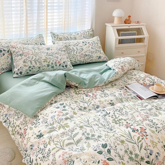 LifeTB Botanical Flower Duvet Cover Twin XL Sage Green Floral Duvet Cover 100% Cotton Wildflower Plants Pattern Floral Comforter Cover with 2 Pillowcases Girl Teen Vintage Floral Bedding Set Twin XL