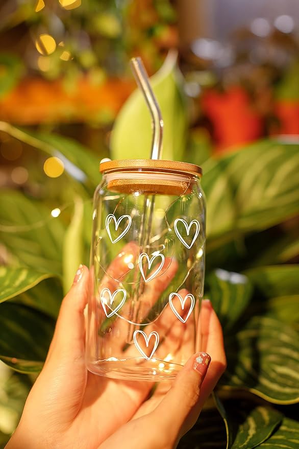 NewEleven Cute Glass Coffee Cups With Lids And Straw – Aesthetic Cups – Iced Coffee Cup, Coffees Tumbler – Christmas Gifts For Women, Friends, Coffees Lover - 16 Oz Coffee Glass
