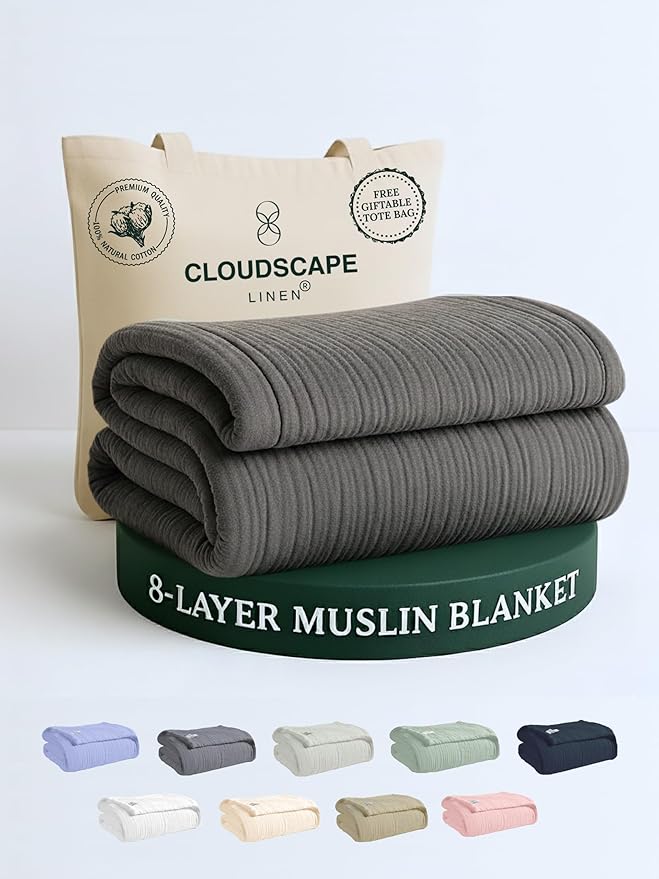 Cloud Scape Linen 8-Layer Muslin Blanket Queen Size - 100% Cotton, Soft and Breathable, Oversized Winter Blanket, Fits up to Full Size Bed, 92x92, Dark Grey