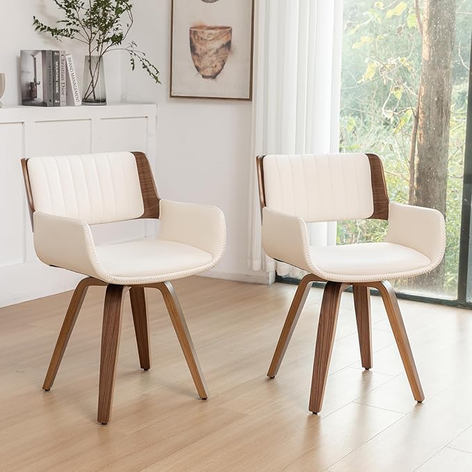 LUNLING Swivel Accent Faux Leather Dining Chairs Set of 2 Mid Century Modern Chairs with Wooden Legs/Armrest/Upholstered Seat/Adjustable Foots for Kitchen Dining Room Desk Chairs Green PU