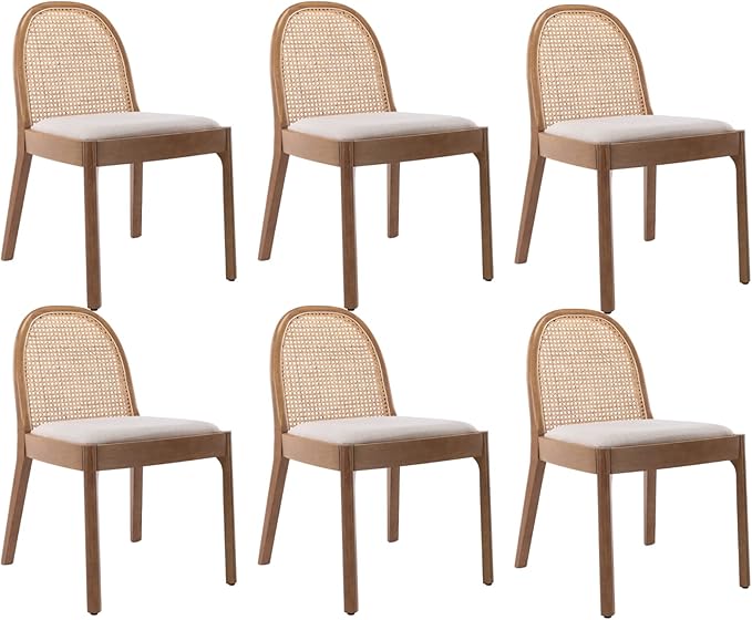 HEAH-YO Rattan Dining Chairs Set of 6, Upholstered Linen Dining Room Chairs with Backrests, Modern Kitchen Chairs with Wood Legs for Dining Room, Beige