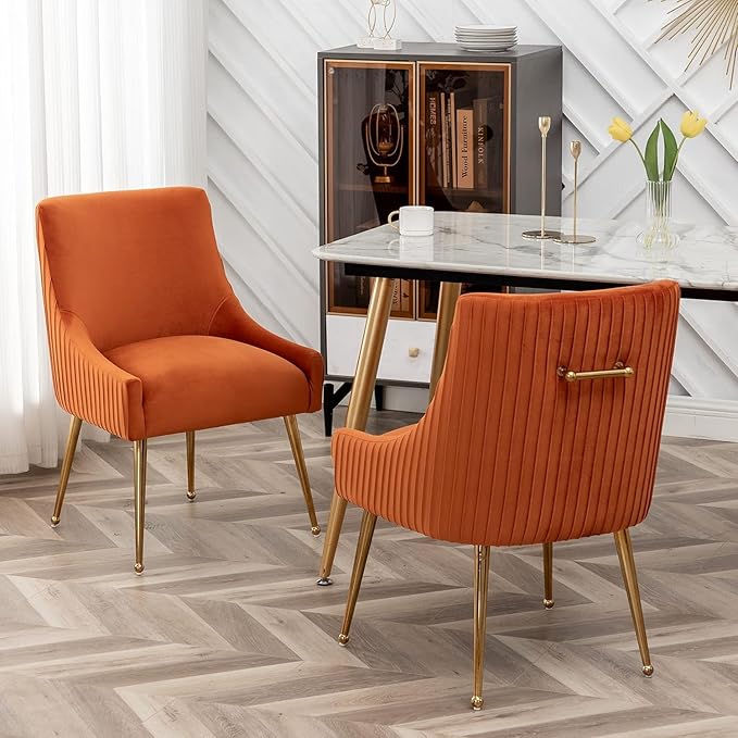 Dining Chairs, Accent Chairs Set of 6, Modern Upholstered Kitchen Dining Room Chairs with Gold Legs, Fabric Tufted Velvet Living Room Chairs for Reception Room Bedroom Guest Room (Orange)