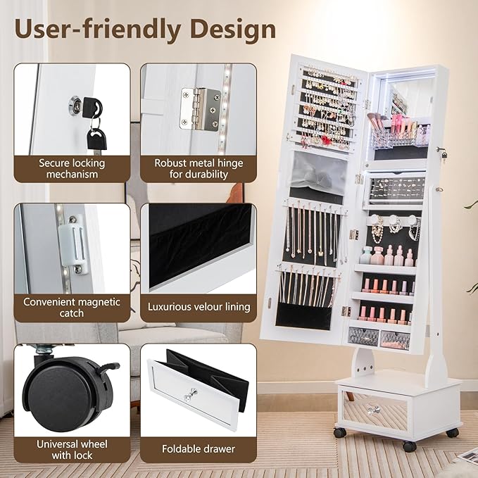 GOFLAME Standing Jewelry Cabinet Armoire with Wheels, Lockable Jewelry Storage Organizer with Full Length Mirror, 3-Color LED Lights, Interior Makeup Mirror, Jewelry Armoire for Bedroom (White)